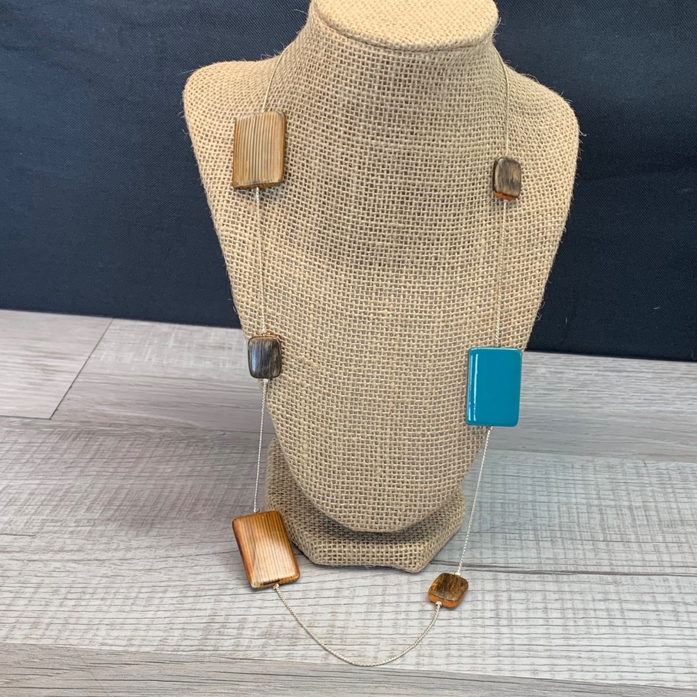 Teal and Wood Grain Reversible Rectangular Station Necklace 28 Inch